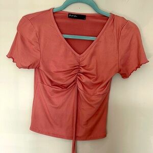 Pink Flutter Sleeve Ruched Tie Front Blouse